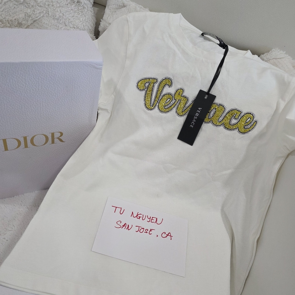 Versace White T-Shirt with Yellow Embellished Logo